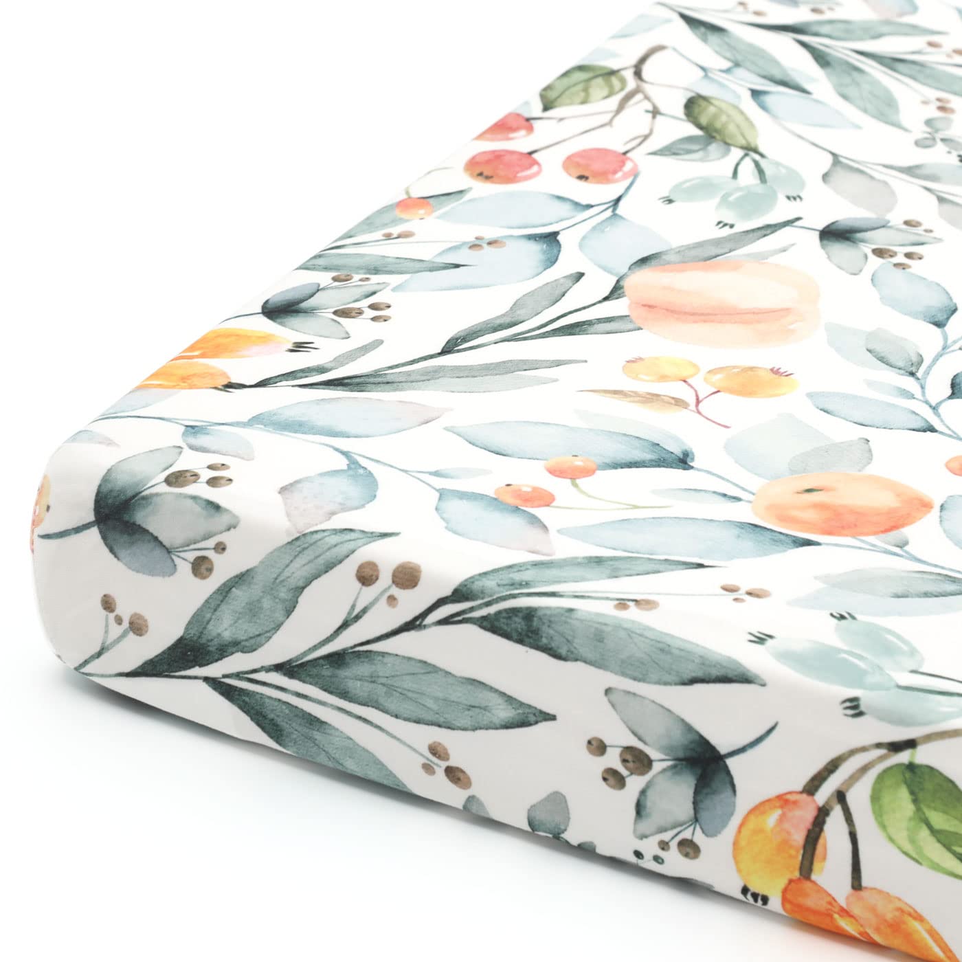 GRSSDER Stretchy Ultra Soft Jersey Knit Fitted Pack n Play Sheets Set 2 Pack, Portable/Mini Crib Sheets for Girls, Watercolor Flowers and Fruits