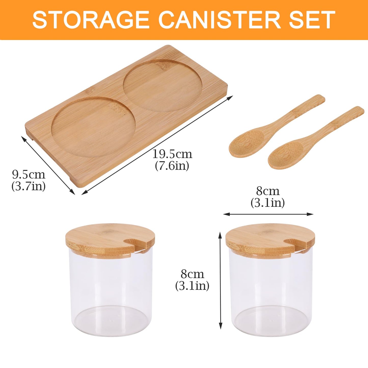 Mowhut 2 PCS Condiment Containers, Spice Rack with Bamboo Spoon Lid and Base, Sugar Bowl, Salt and Pepper Shakers Set for Salt Sugar Tea Herbal Coffee Beans, Clear