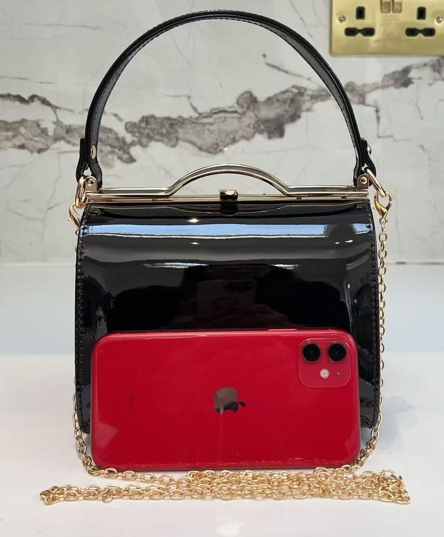 LeahWard Ladies Women's Chic Patent Top Handle Clutch Handbag Wedding Evening Bags (Black)