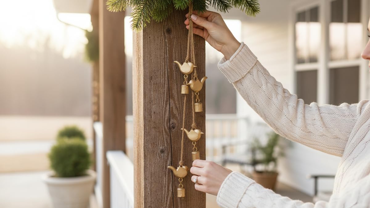 Rustic Gold Birds & Bells Garland with Rope Brass Rustic Handmade Metal Hanging Birds and Bells Cluster for Farmhouse Cow Bell Cluster Christmas, Holiday Garden Decor (5 Bird & 5 Bell String 27")