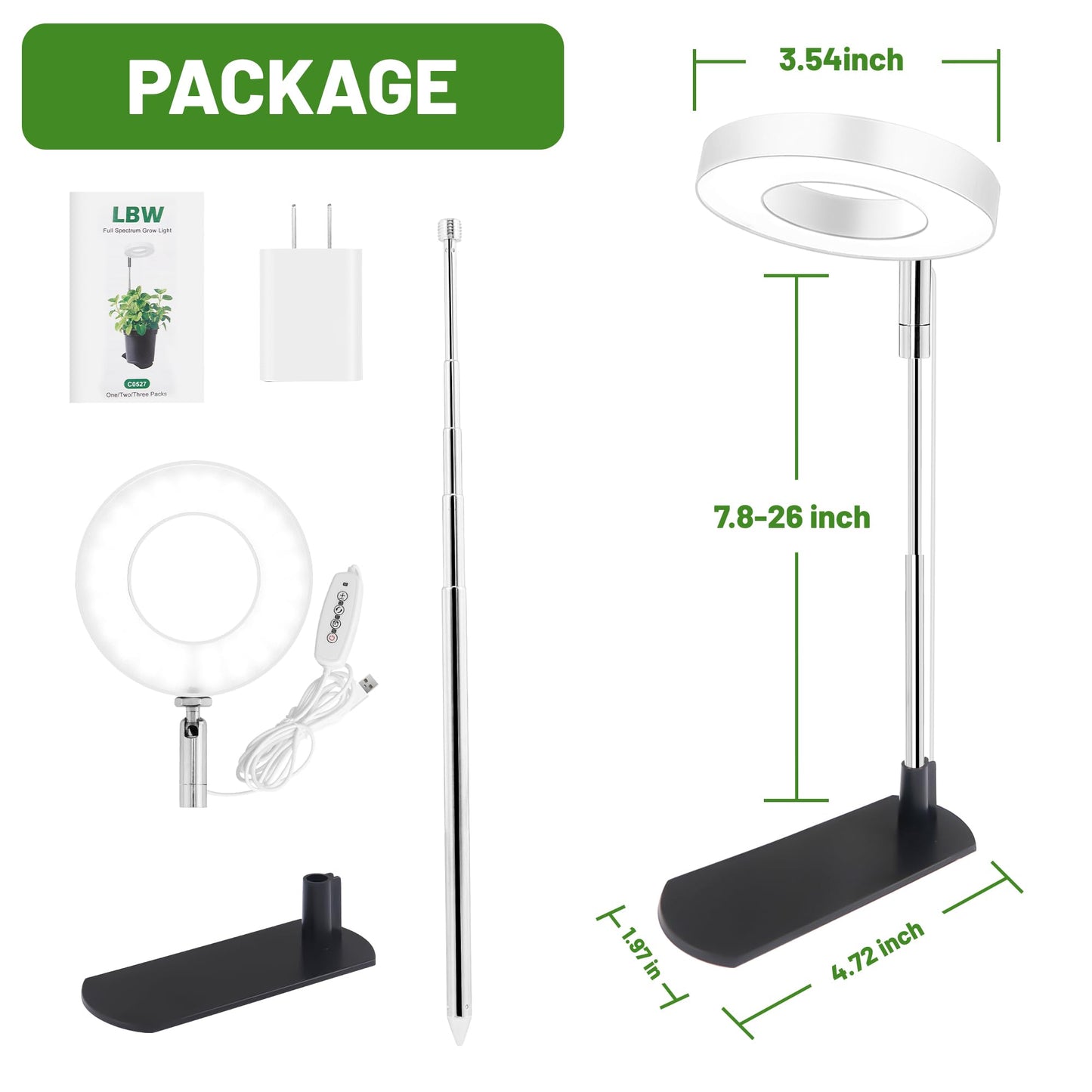 LBW Grow Light for Indoor Plants, Full Spectrum Plant Light with Base, Height Adjustable Plant Growing Lamp with Auto On/Off Timer 6/8/12/16H, 3 Colors,5 Dimmable Brightness, for Small Plants, White