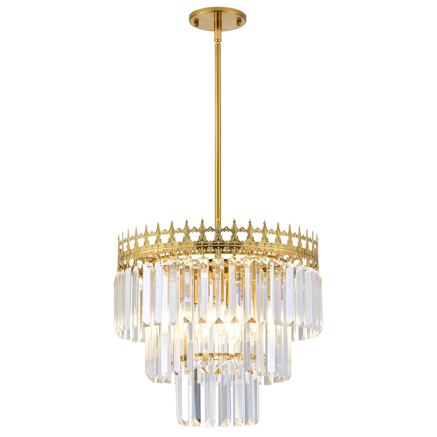 KPIOK 16'' Gold Crystal Chandelier,6-Light Modern Chandeliers for Dining Room,3-Tiers Round Metal Pendant Light Fixture for Kitchen Island Living Room Bedroom Entryway