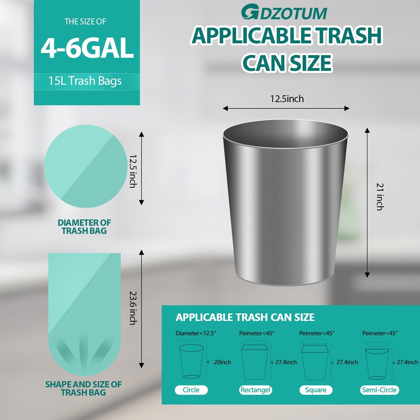 Gdzotum 4-6 Gallon Small Trash Bags Biodegradable,Easy-Tearing 4 Gallon Trash Bag,Sturdy&Thick Small Garbage Bags,Unscented Bathroom Trash Bags for Kitchen, Bathroom,Bedroom,Office,110 Counts