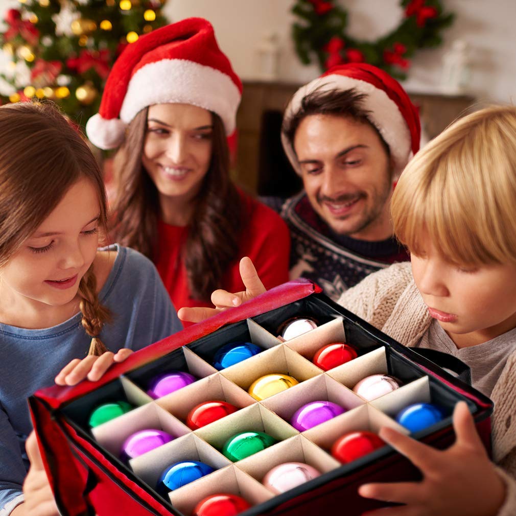 ProPik Christmas Ornament Storage Box, Organizer Holds Up to 48 Xmas Balls with 3 Separate Removable Trays, Container has Dividers to Organize Holiday Tree Ornaments (Red)