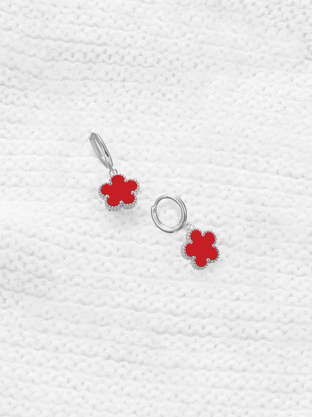 Gold Plated Five Leaf Clover Dangle Earrings for Women Lucky Flower Jewelry (Red-White Gold Plated)