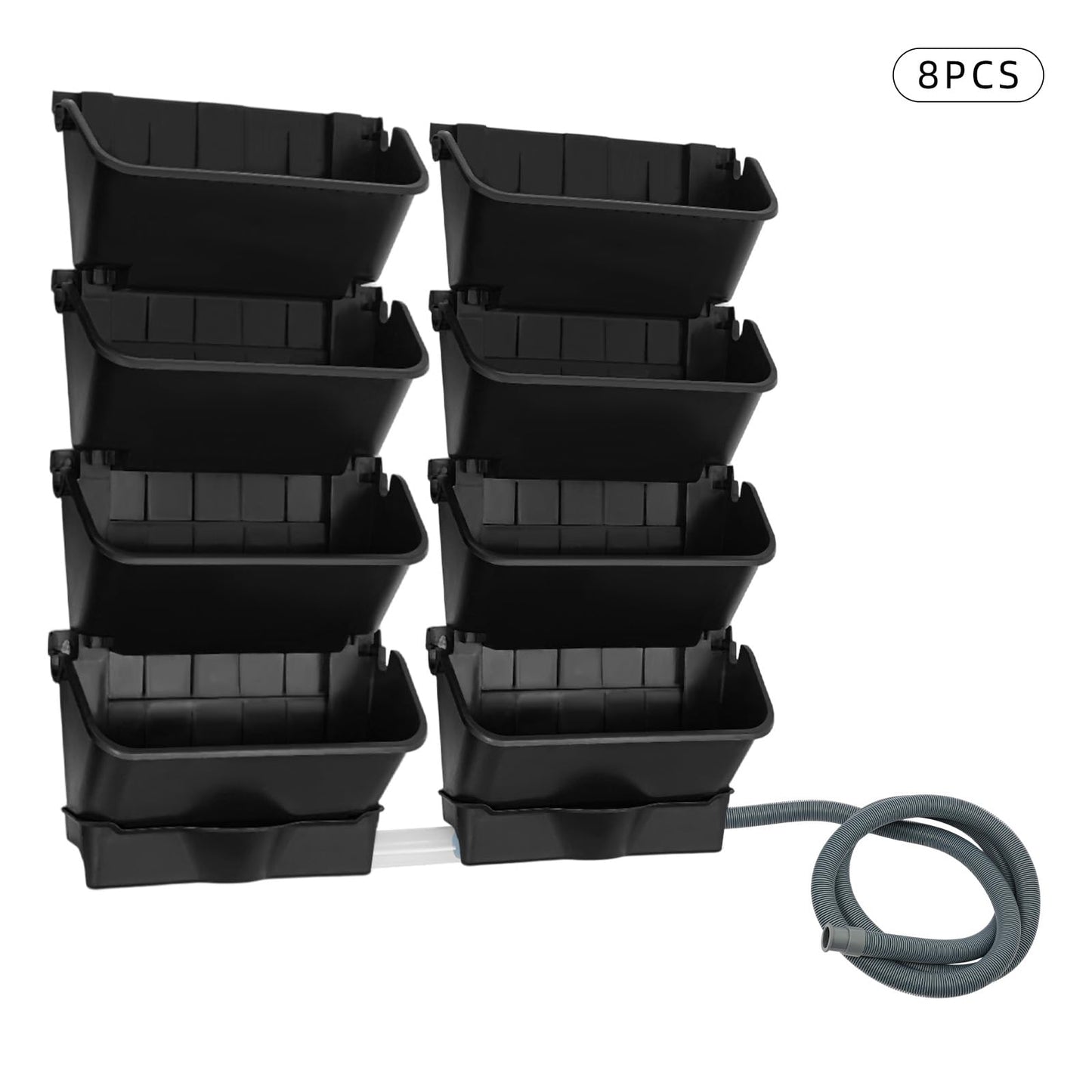 kunghei Vertical Wall Planter for Indoor Plant-Walls Mounted Pot with 2 Drainage Tray 8 Pack, with 6.56ft Drainage Pipe for Decor, Plastic Pots Balcony Planters, Plants Hanging (8, Black)