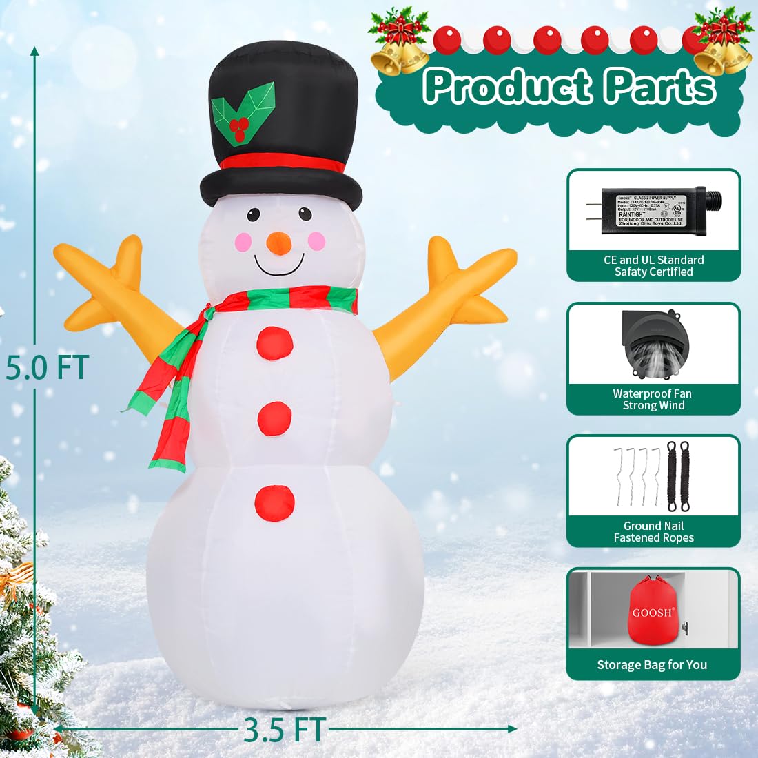 GOOSH 5 FT Christmas Snowman Inflatable Decoration Blow Up Snowman Outdoor Christmas Yard Decoration with Branch Hand Blow Up Holiday Indoor Outdoor Party Garden Yard Decoration