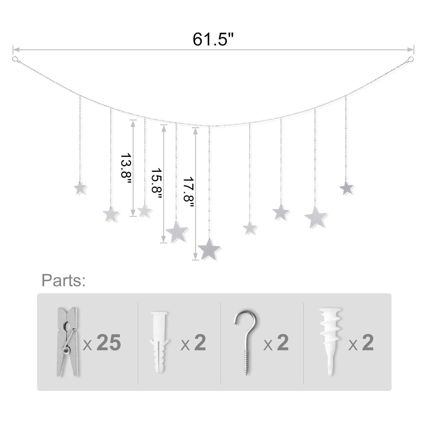 Mkono Hanging Photo Display Boho Decor Wooden Stars Garland with Metal Chains, Pictures Cards Holder with 25 Wood Clips, Wall Art for Christmas Living Room Bedroom Dorm Decor, Teen Girls Gift, Silver