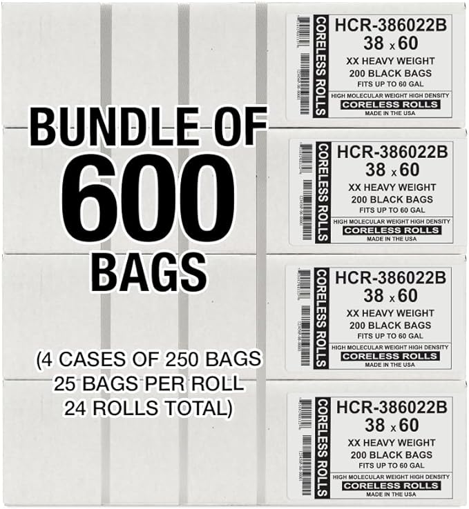 Aluf Plastics High Density Trash Bags, 60 Gallon, 22 Micron,