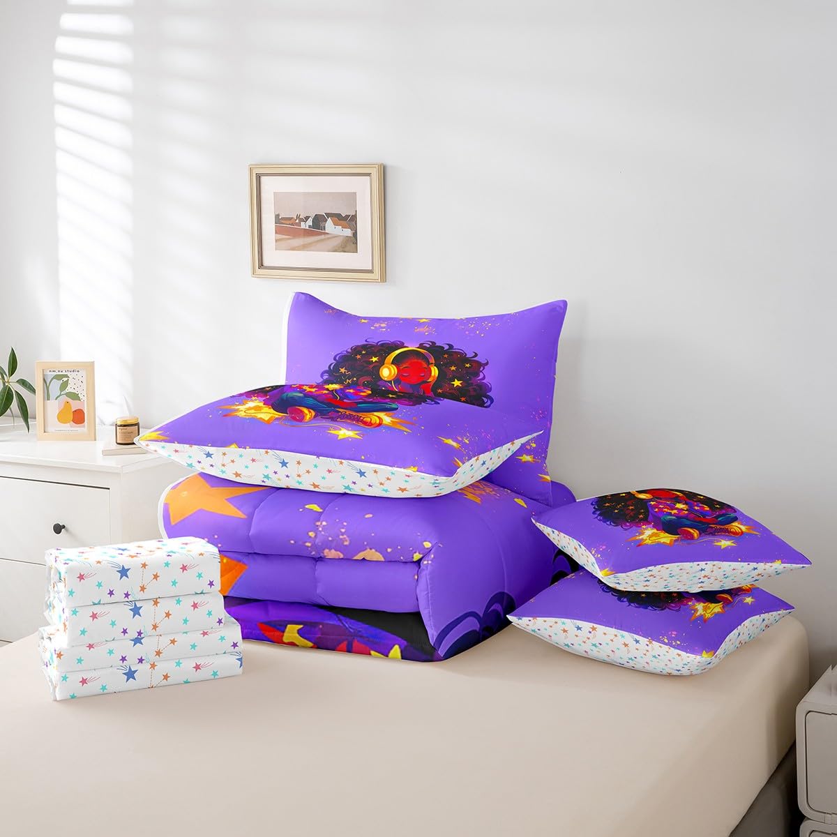jejeloiu Kids Cute Black Girl Comforter Set 7 Pieces Full Size African American Girl Bedding Set for Boys Girls Music Bed in a Bag with Comforter, Sheets, Pillowcases & Cushion Covers(No Glitter)
