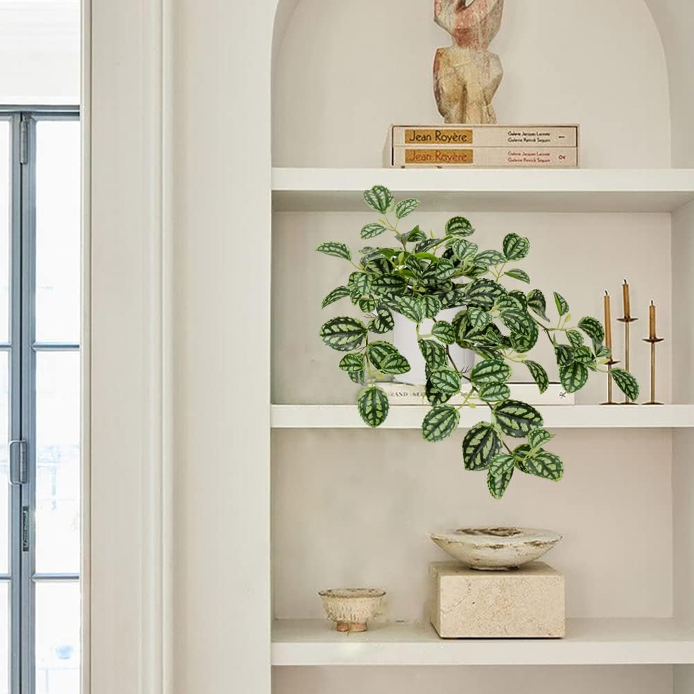 GnFlus Fake Hanging Plants, 20 Inch Artificial Ivy Plant in Ceramic Pot Faux Watermelon Peperomia Trailing Vine Plant Potted for Home Bedroom Office Table Shef Desk Indoor Outdoor Decor Green