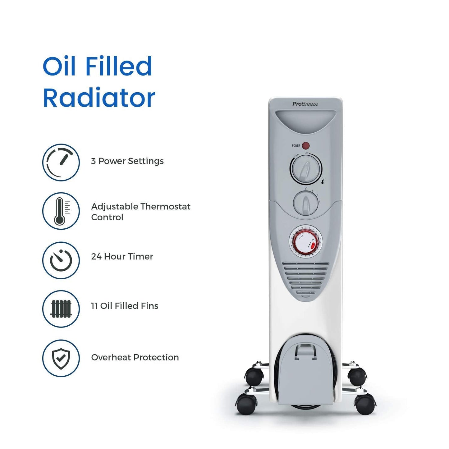 Pro Breeze Oil Filled Radiator with 11 Fins - Slim Electric Radiator - Portable Oil Heater with Built-in 24 Hour Timer, 3 Heat Settings, Adjustable Thermostat (White Radiator)
