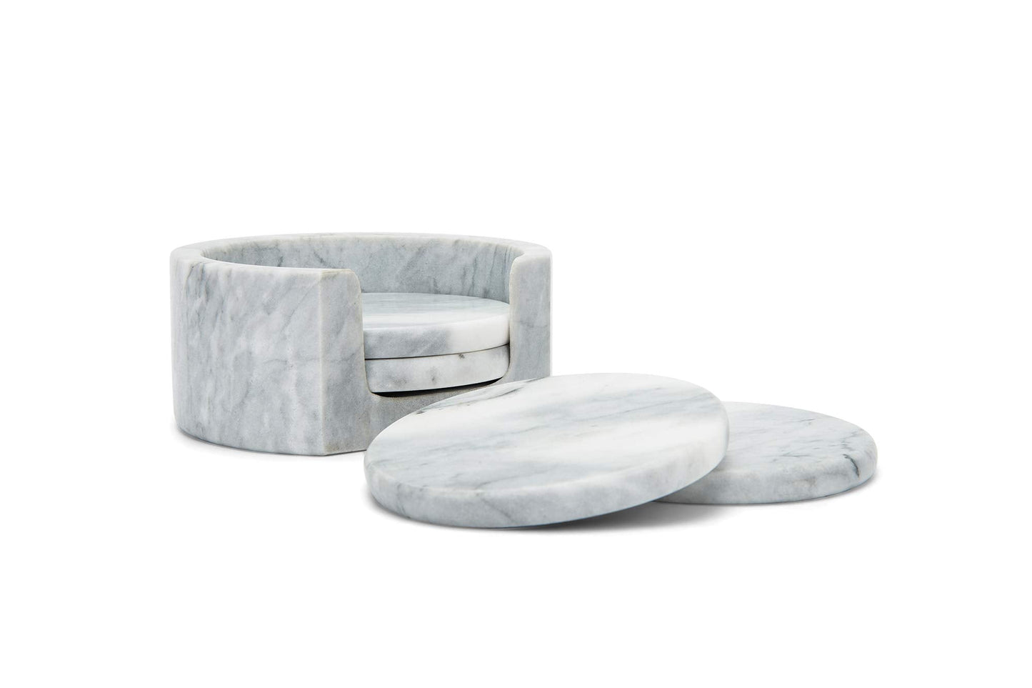 Fox Run Natural Polished Marble Coasters, Set of 4 White Coasters With Holder