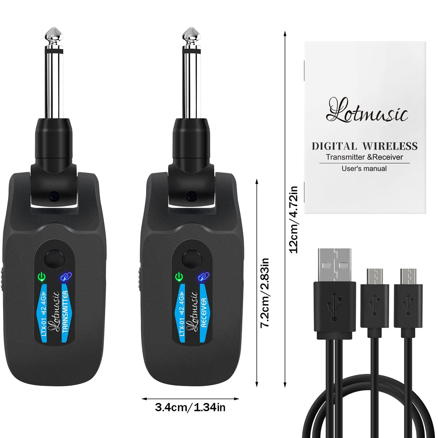 2.4GHZ Wireless Guitar System, Rechargeable Digital Wireless Guitar Transmitter Receiver with 4 Channels and Over 10 Hours Long Battery Endurance for Electric Guitar Bass
