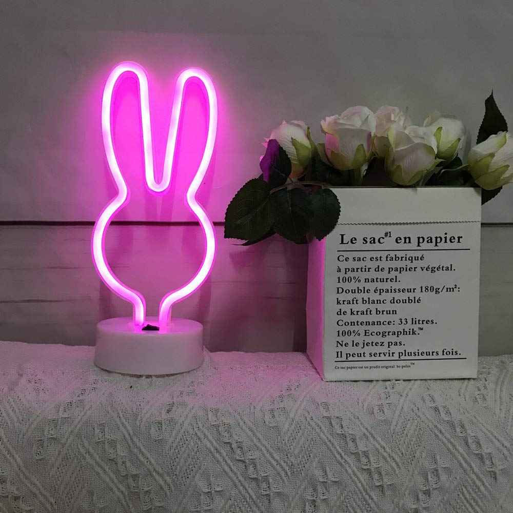 BAILEY Rabbit Ears Neon Sign,Easter Bunny Rabbit LED Lights with Holder Base,USB or 3-AA Battery Powered Neon Light of Business Premises for Christmas Easter Party Holiday Night Bedroom Gifts (Pink)
