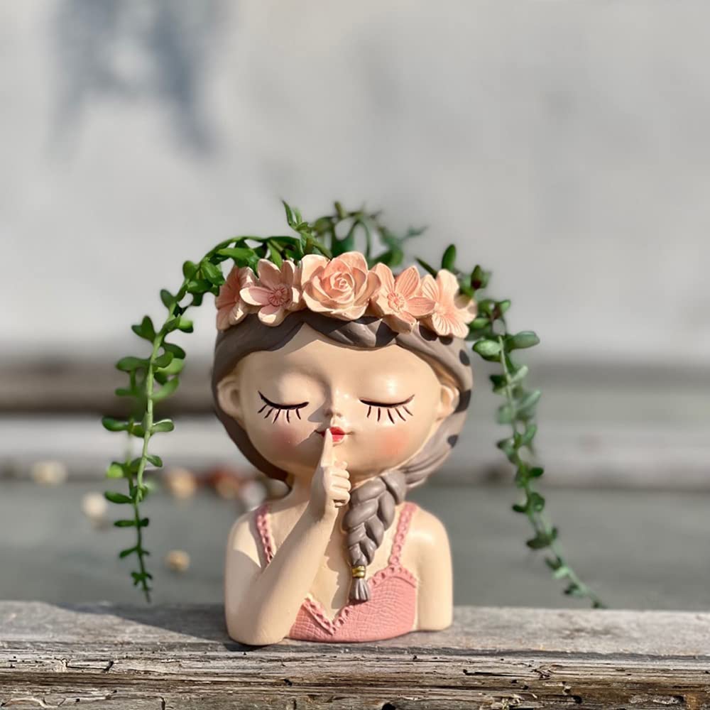 Cute Head Planter Resin Succulent Planter Little Girl Flower Pot, Human Face Cactus Plants Container Bonsai Holder Thumb Pot Fairy Figurine Statue Planters with Drainage Decor Gift (Quiet Girl)