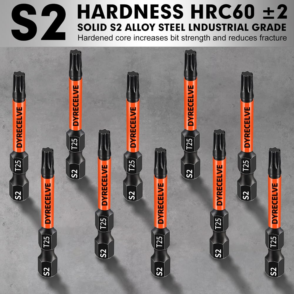10-Pack T25 Torx Bits for Impact Driver, T-25 Torx/Star Bit Set 2'' Long, Magnetic Torque Head, Premium S2 Alloy Steel, 1/4'' Hex-Shank for Professional & DIY Use