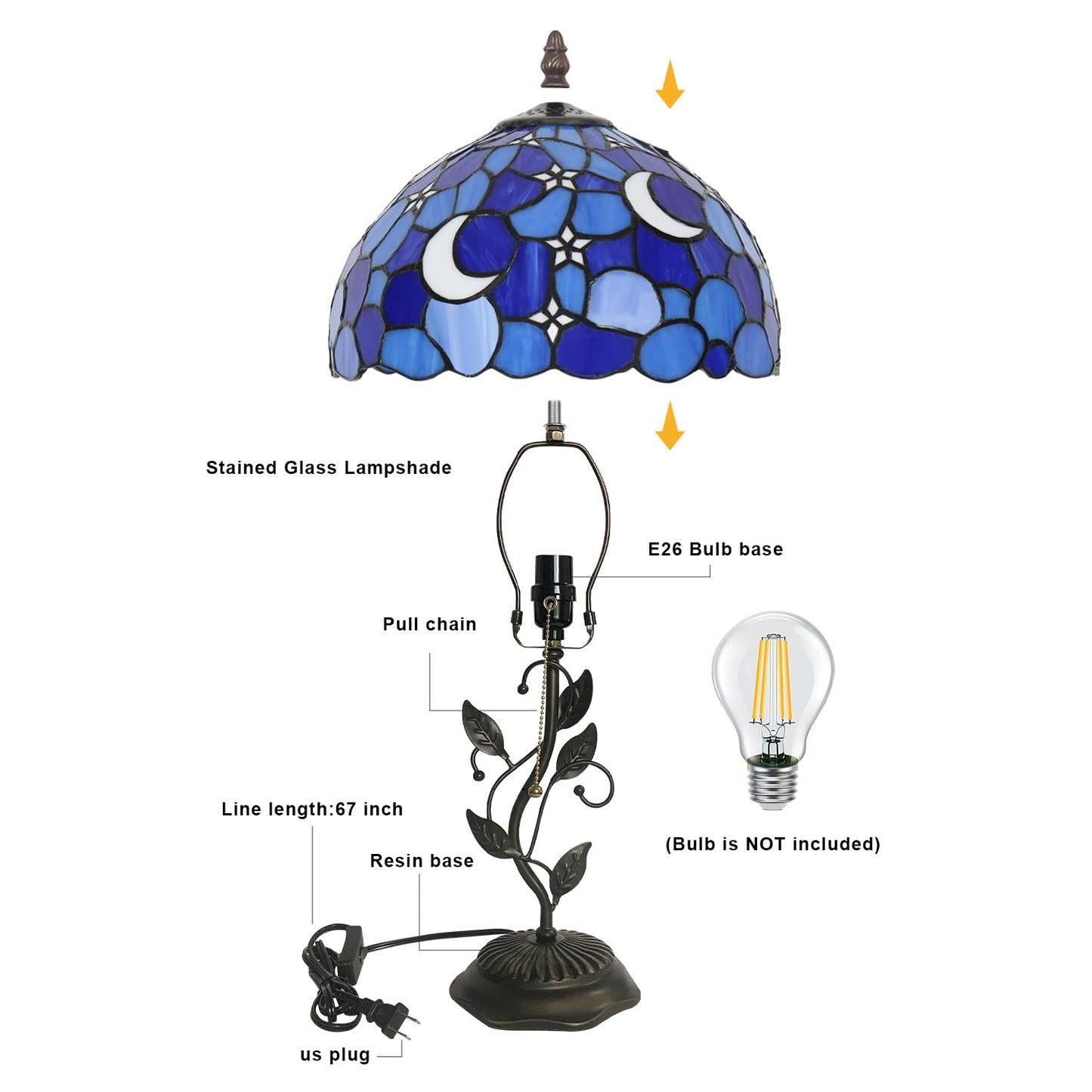 TFNTCYG Tiffany Style Table Lamp,Stained Glass Moon Table Lamp,12X12X19 Inch Reading Light, Metal Leaf Base Antique Glass Desk Decor Lamp.