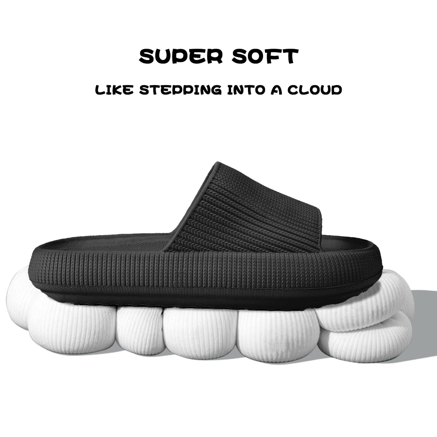 BHFRGAS Sliders Cloud Slippers Women Men,Non-Slip Mens Womens Slippers Cloud Sliders,Soft Flip Flops with Thick Sole for Shower Bathroom Pool Beach,Black, 8-9 UK
