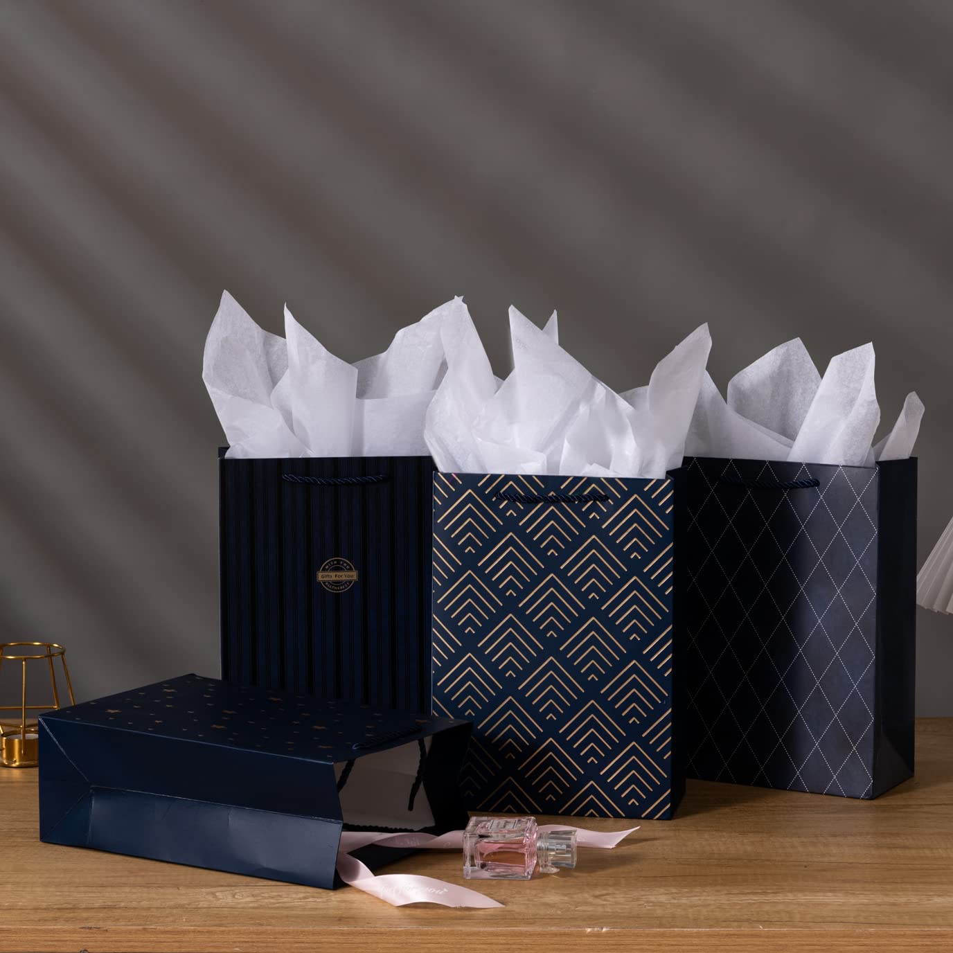 SHIPKEY Gift Bags, 10 Pack Navy Blue with Gold Foil Stars, Kraft Paper Bags with Handles, Bulk for Men, Groomsmen, Christmas Gifts, 8x4x11inch, Includes Tissue Paper