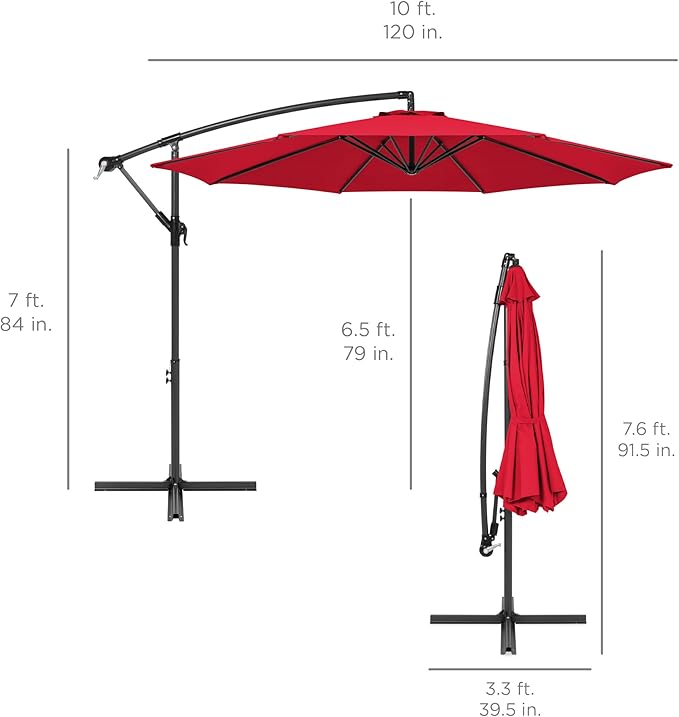 Best Choice Products 10ft Offset Hanging Market Patio Umbrella w/Easy Tilt Adjustment, Polyester Shade, 8 Ribs for Backyard, Poolside, Lawn and Garden - Red