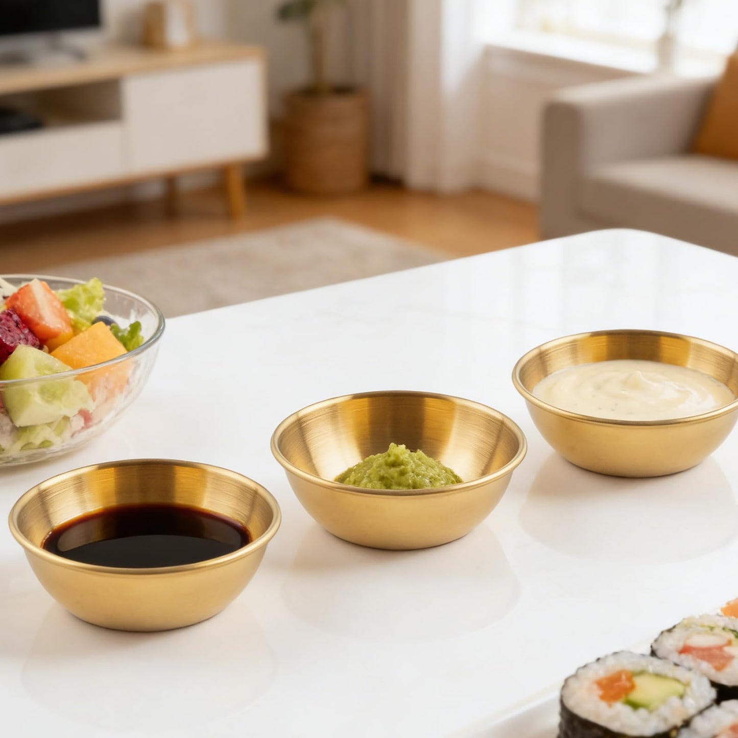 Orepzinc 16 Pcs 3.5 inch Stainless Steel Sauce Dishes Mini Individual Saucers Bowl Round Seasoning Dishes Sushi Dipping Bowl Appetizer Plates (Gold)