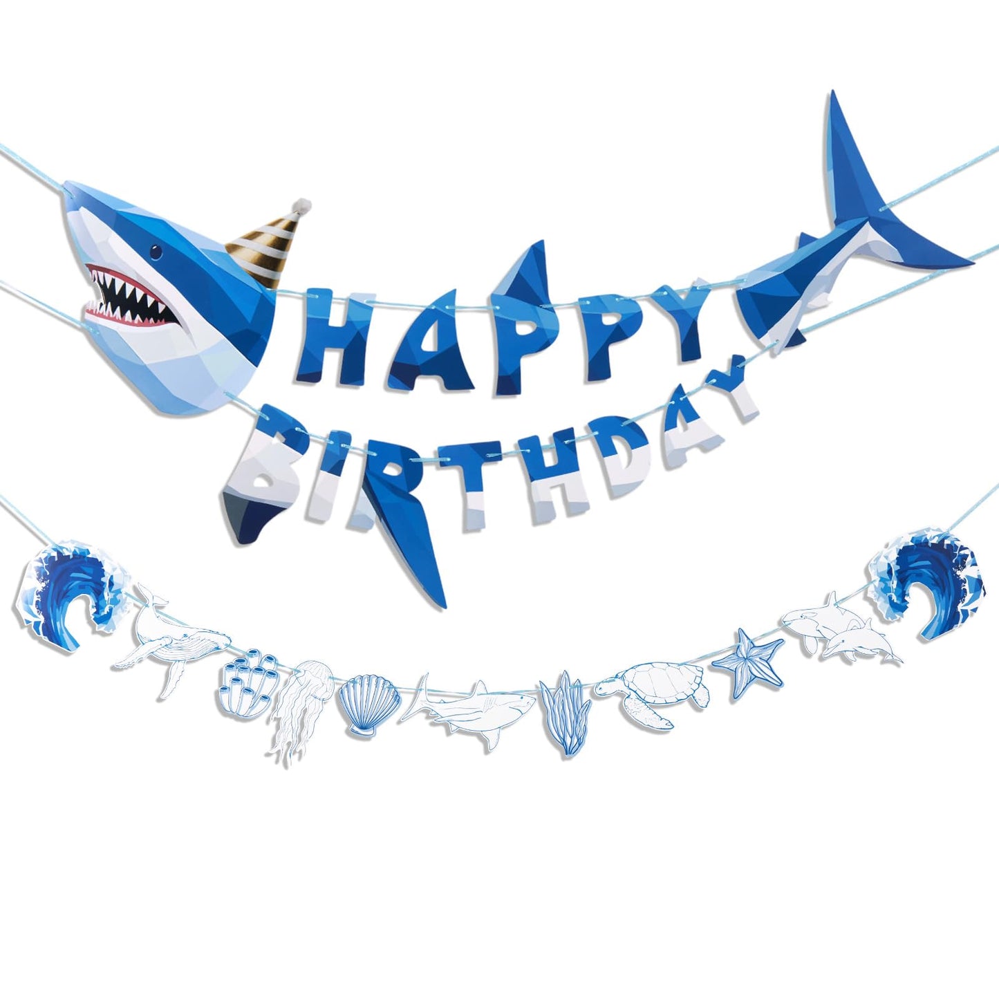 SUNBEAUTY Shark Birthday Party Decorations Shark Happy Birthday Banner Ocean Theme Hanging Shark Garland Under The Sea Pre-strung Shark Birthday Banner for Boys Baby Shower Beach Summer Pool Party(Blue)