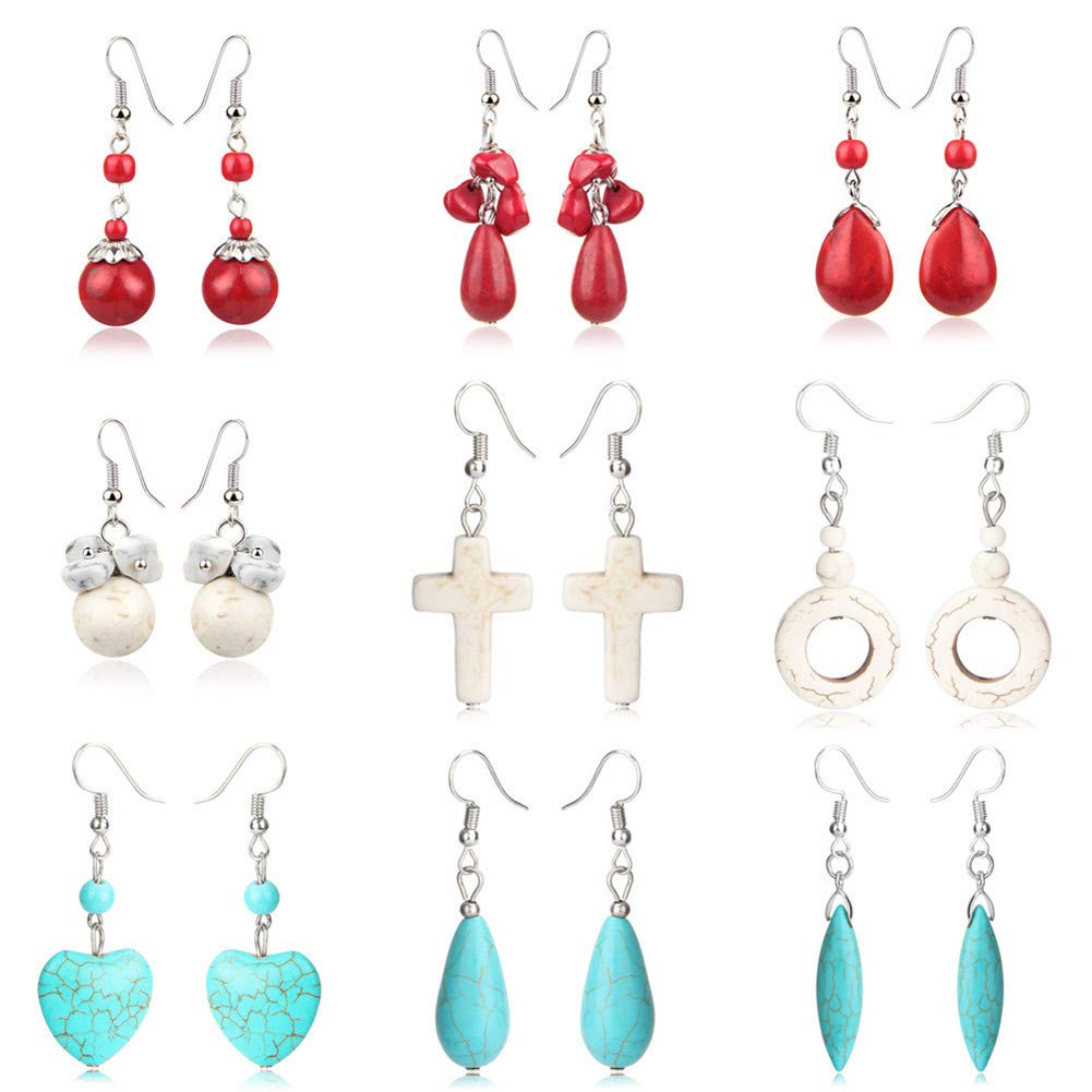 Turquoise Earrings Natural Stone Round Bead Ball Dangle Earrings for Women Fashion Jewelry Gift (J:blue)