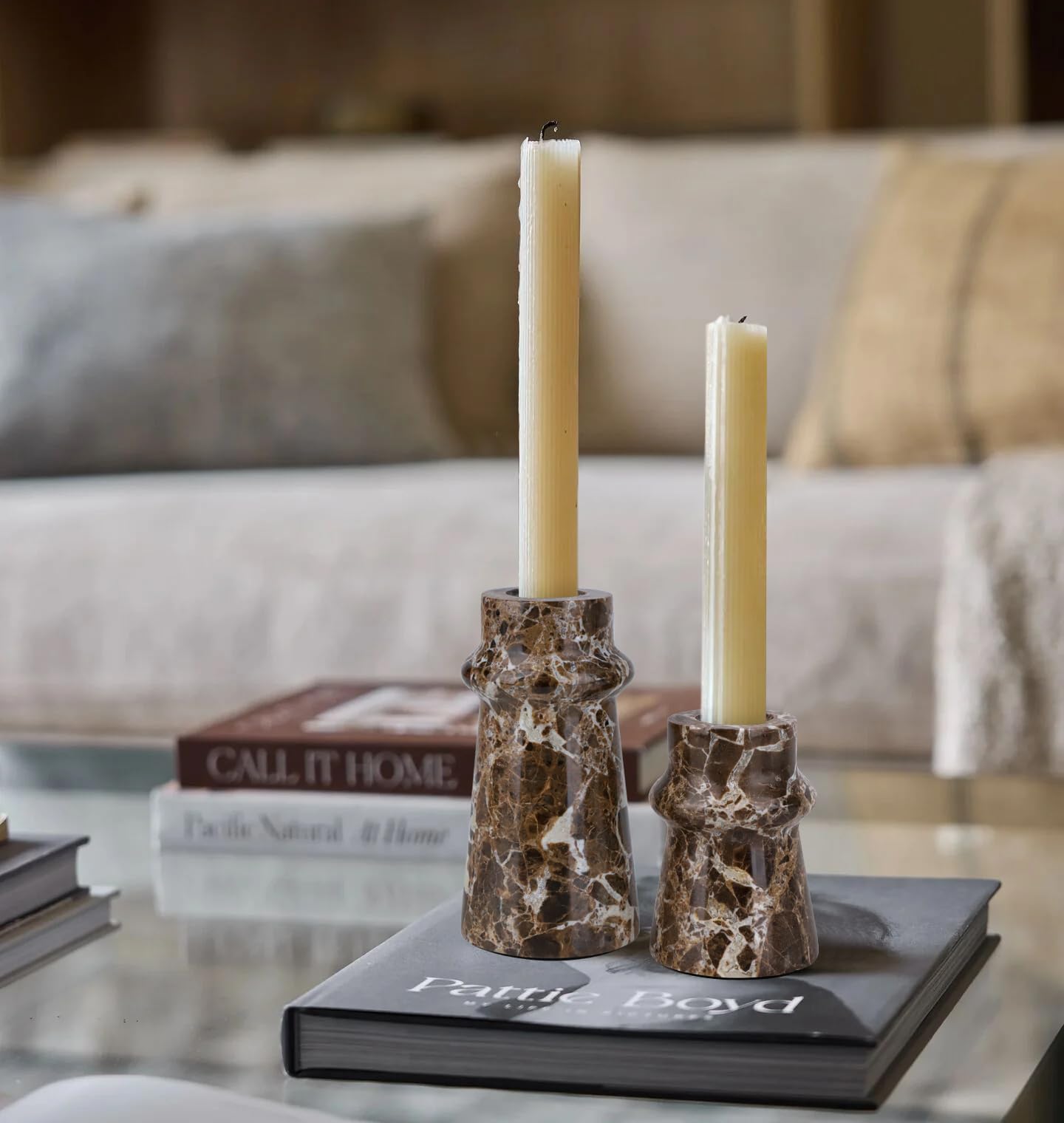 Vixdonos Marble Candle Holder Set of 2 Taper Candle Candlestick Mantle Candle Stand for Home Decor,Wedding,Party and Table Centerpieces(Brown)