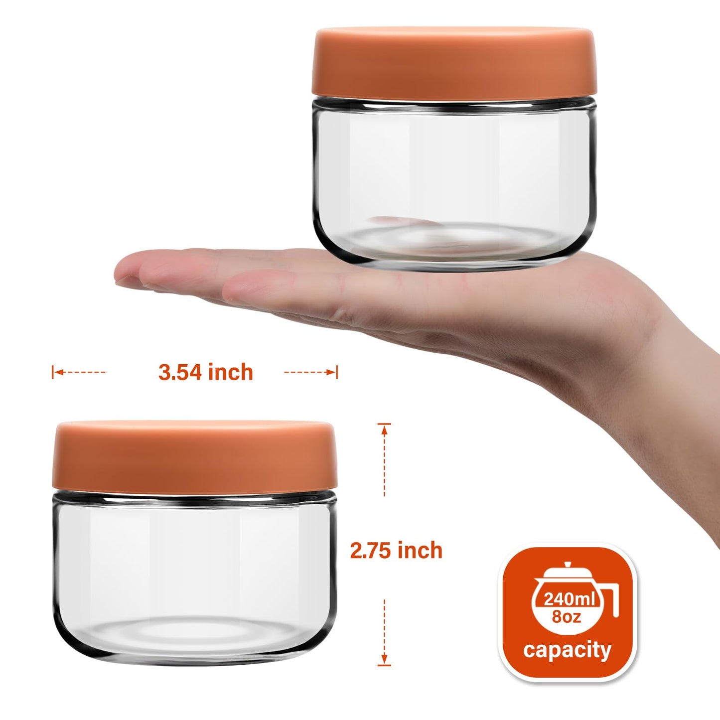 EONJOE 8oz Glass Jars with Lids 1 Cup Small Food Containers for Chia Pudding Jam Snack Yogurt Overnight Oats Candy,6-Pack