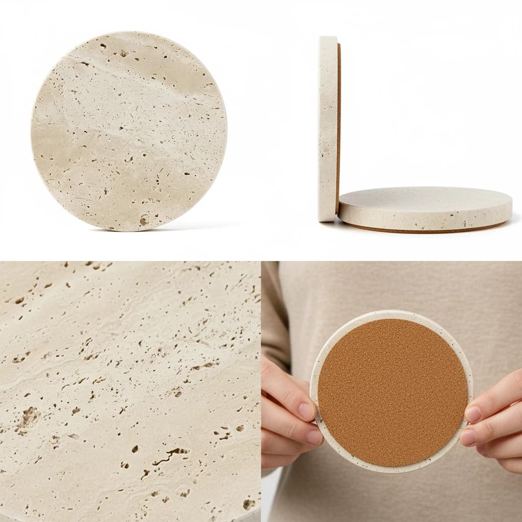XINFUHUA Beige Travertine Coasters Set of 4, Non-Slip Cork Backing, Natural Stone Coaster for Drinks, Anti-Slip Round Artisanal Travertine Coaster for Kitchen Counter and Coffee Table (Round)