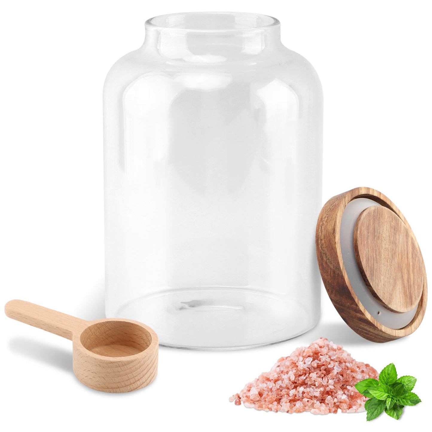 Kazheon 74 oz Bath Salt Container,Glass Bath Salts Jar with Wooden Lid and Scoop,Bathroom Organizers and Storage for Bath Flour Salt Candy Tea