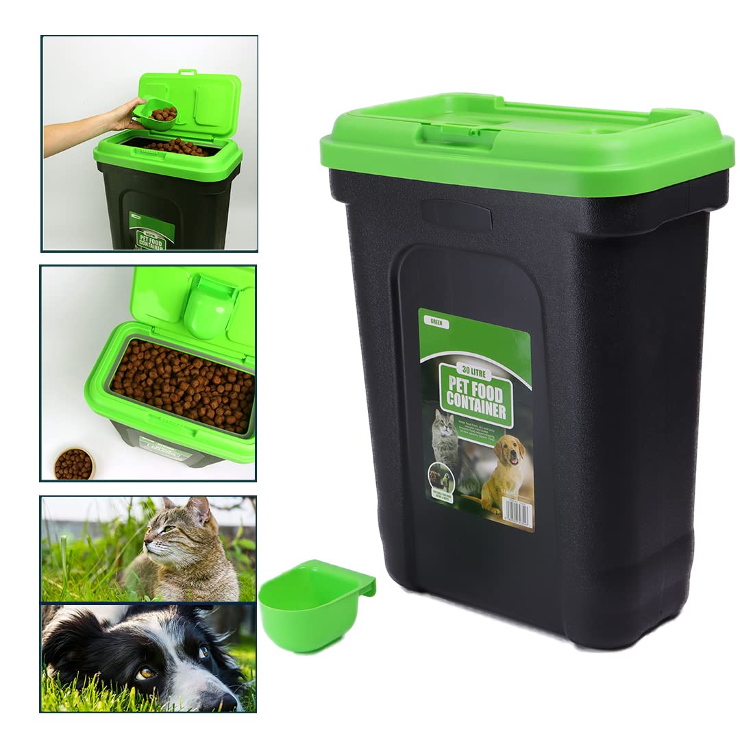DIVCHI 30L Pet Food Storage Container Flip Top Locking System With Integrated Scoop Plastic Birds Airtight Pet Dog Cat Animal Dry Food 15 KG Dispenser Bin Green