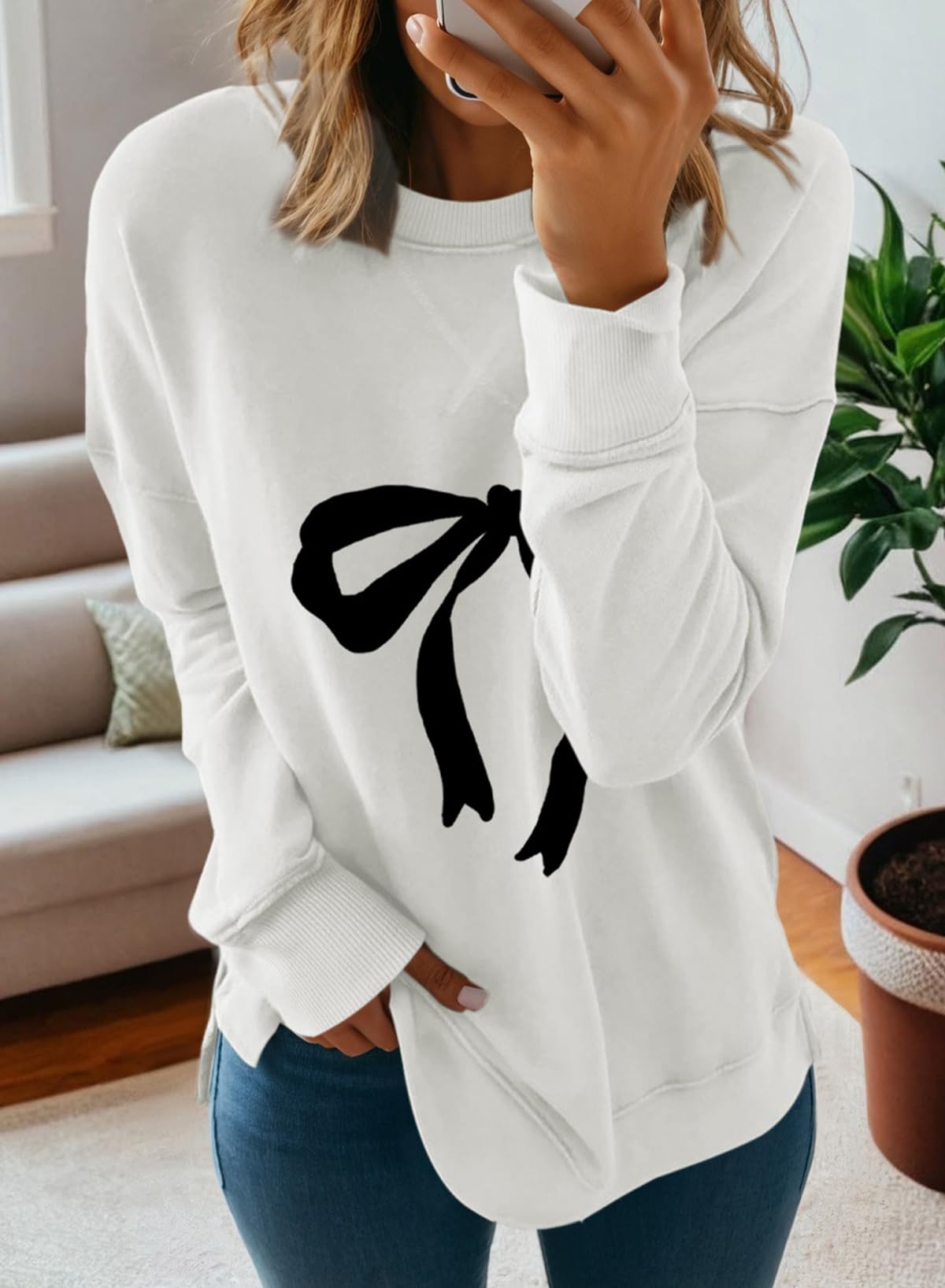 Dokotoo Women's Oversized Printed Sweatshirt Long Sleeve Christmas Tree Basic Pullover Tunic Shirts Tops Loose Fit Sweatshirts for Women 2025 Fashion Fall White X-Large