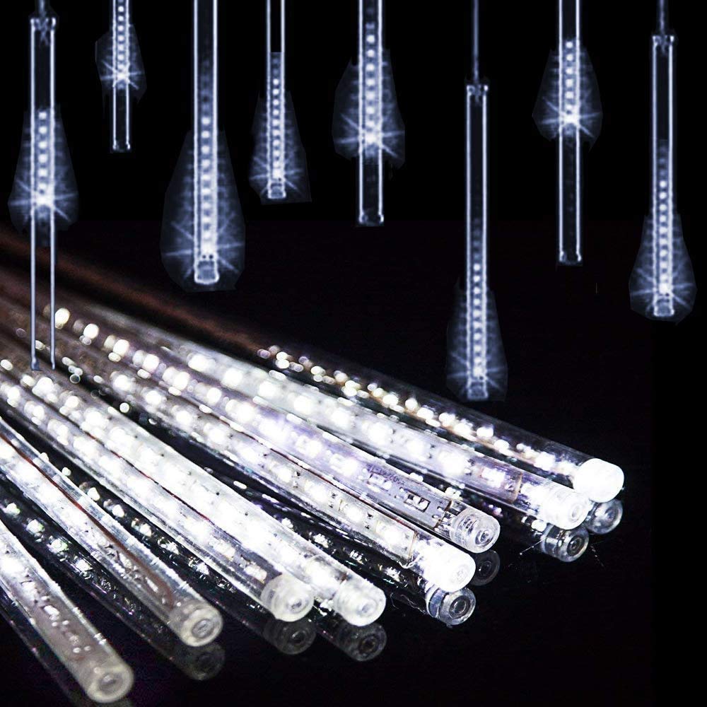 Weepong Christmas Lights Outdoor UL Certified Meteor Shower Lights 12 Inch 8 Tubes 192 LED Falling Rain Drop Icicle Snow Cascading Light for Xmas Tree Wedding Party Garden Decoration, White