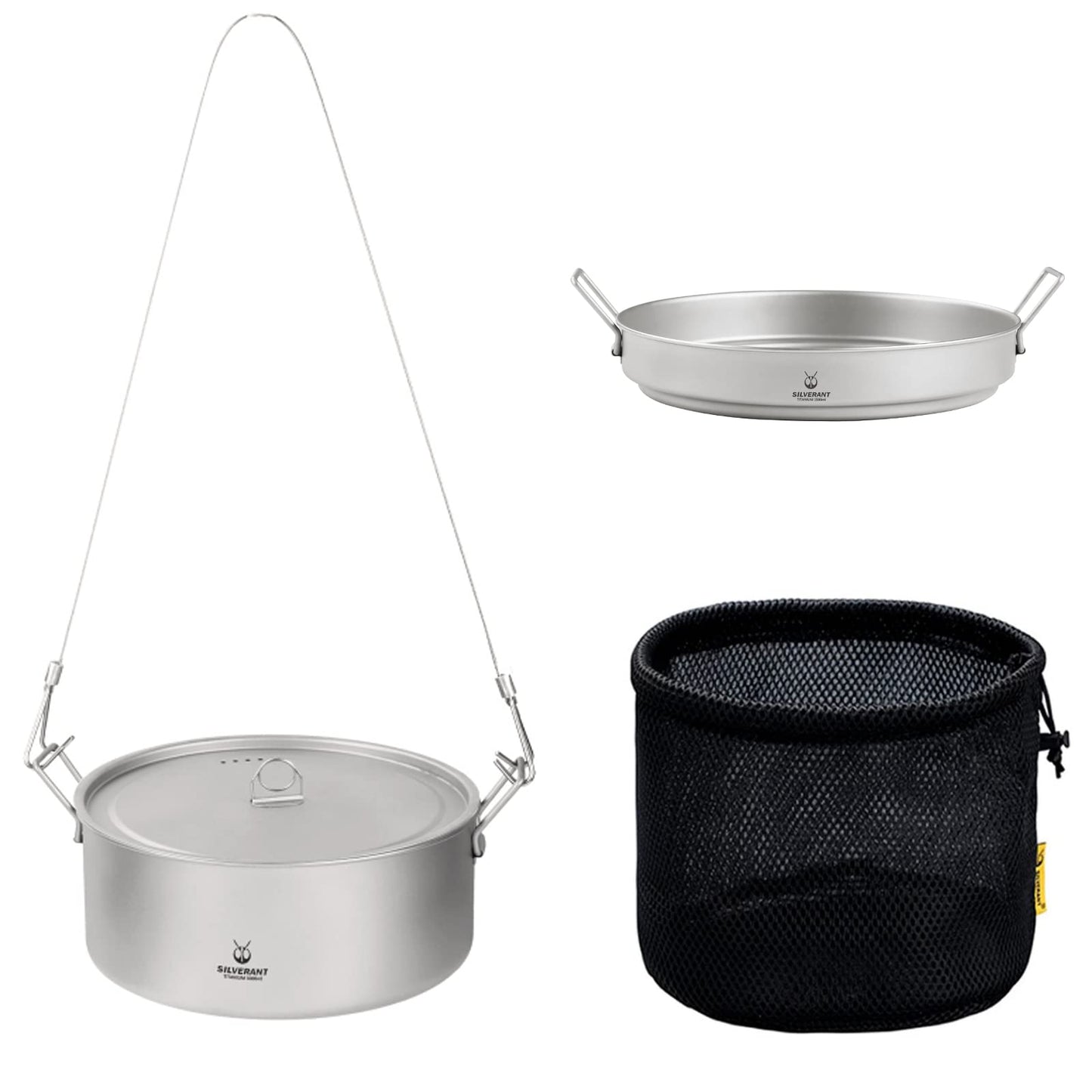 SILVERANT Ultralight Titanium Large 2-piece Pot & Pan Camping Cookware Set, Lightweight Titanium Camping Pot Mug with Hanger/Retractable Handles and Mesh Drawstring Bag