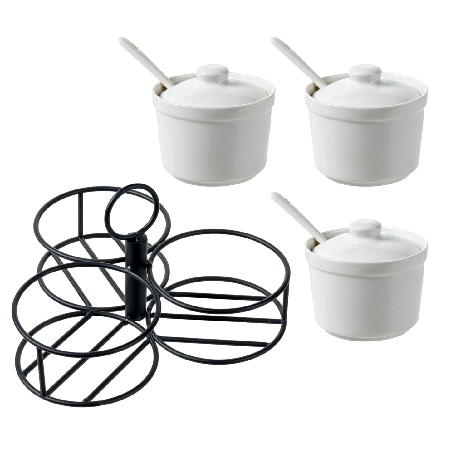 MyGift 10 Pc Set Ceramic Ramekin Condiment Dip Bowl with Lids and Spoons and Deluxe Modern Black Metal Wire Serving Rack for Sauces and Condiments