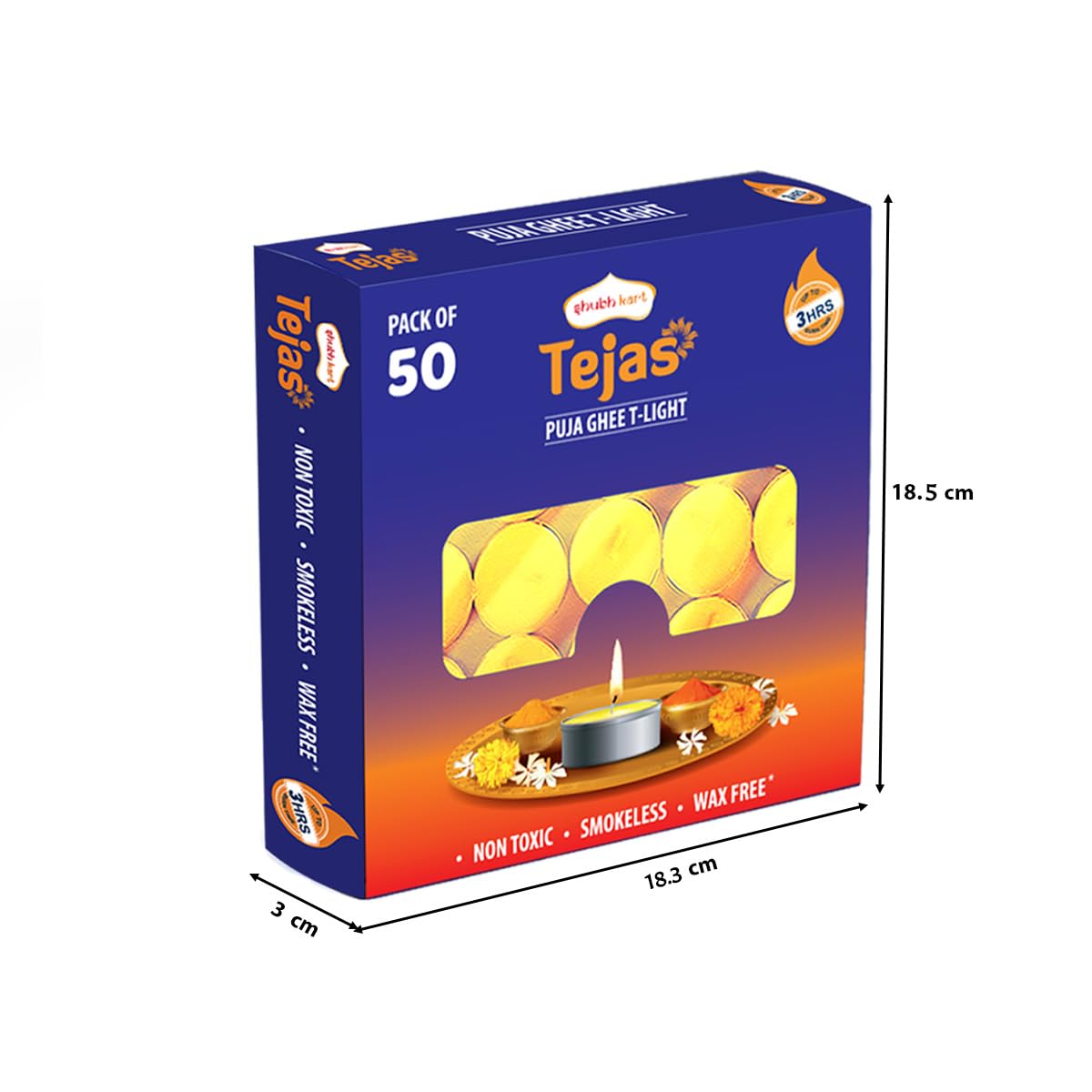 Shubhkart Tejas Premium Ghee T-Light Candle Set of 50 Wax-Free Smokeless Tealights for Prayer Rooms, Meditation, Home, Festive Events, Weddings & Gifting with Bright Long-Lasting 3-Hour Pure Flame