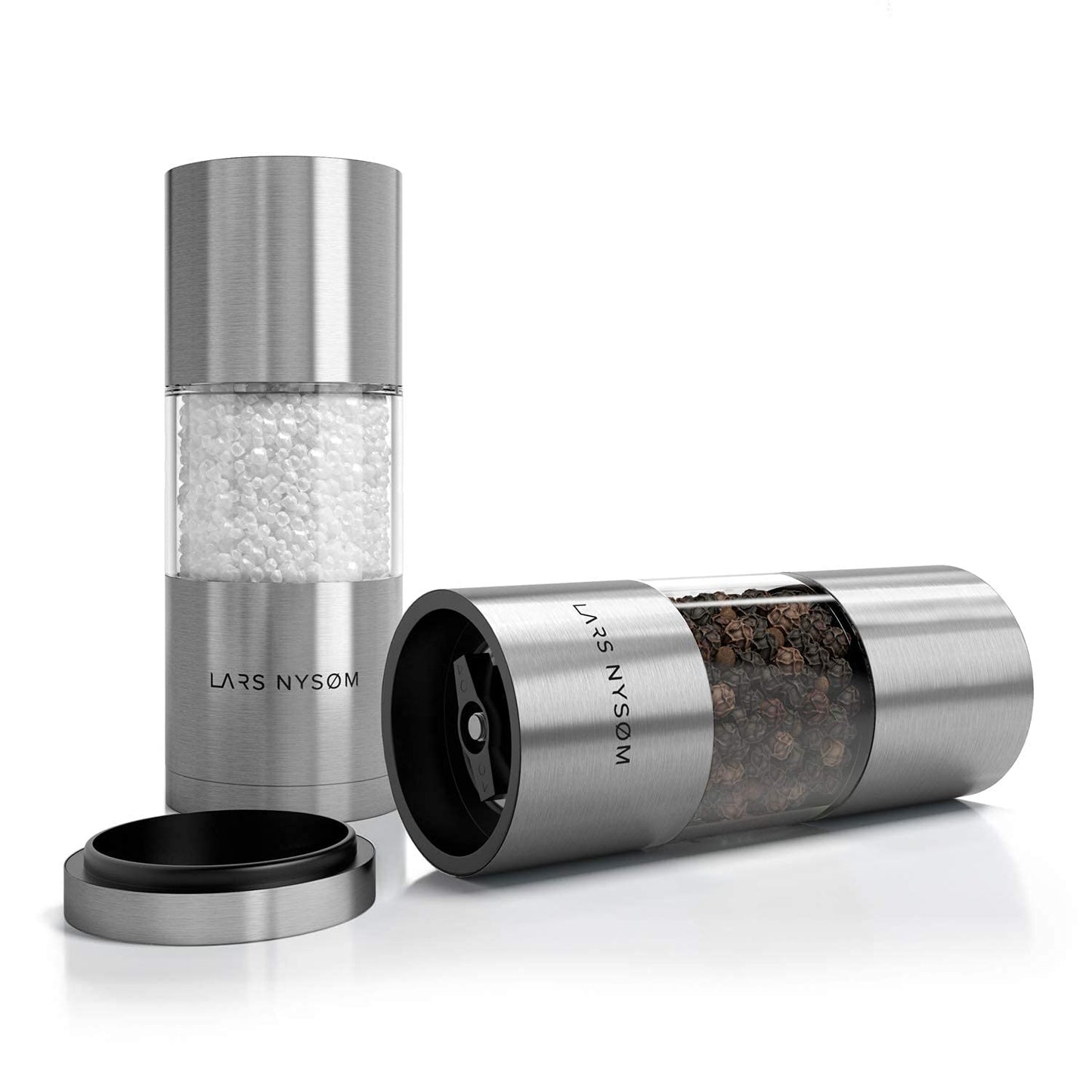 LARS NYSØM Salt and Pepper Grinder Set, Manual Salt and Pepper Mills with Adjustable Ceramic Grinder, Design Spice Shaker Set (Stainless Steel)