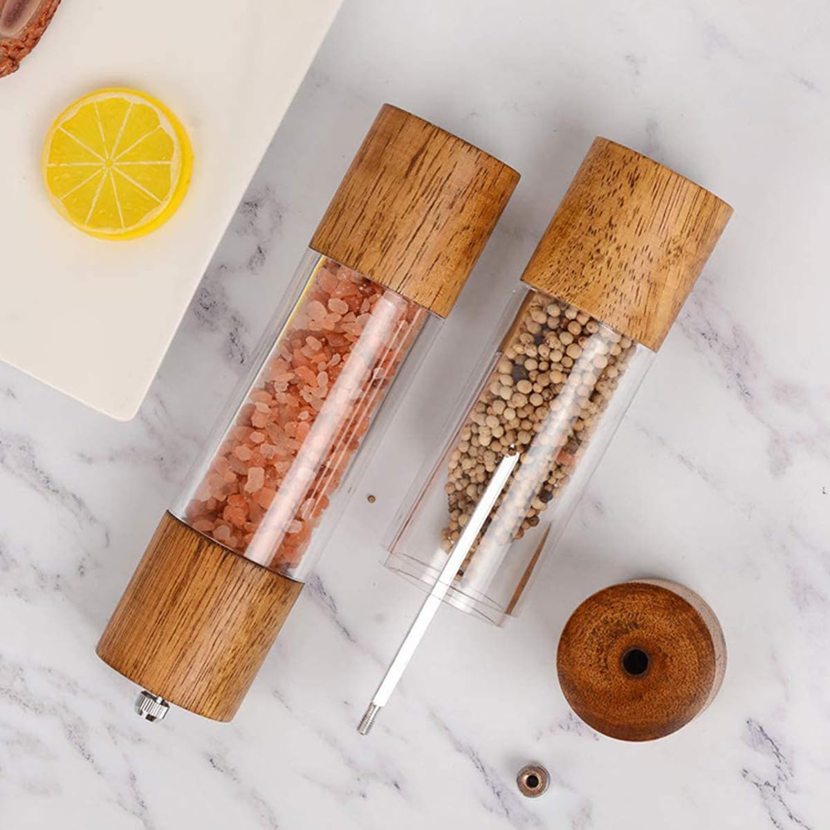 (Pack of 2)Salt and Pepper Grinder Set,Wooden Salt and Pepper Shakers,Adjustable Pepper Grinder and Salt Grinder for Coarse and Fine Grinding,Pepper Mill Grinder-8 Inches (8 Inches)
