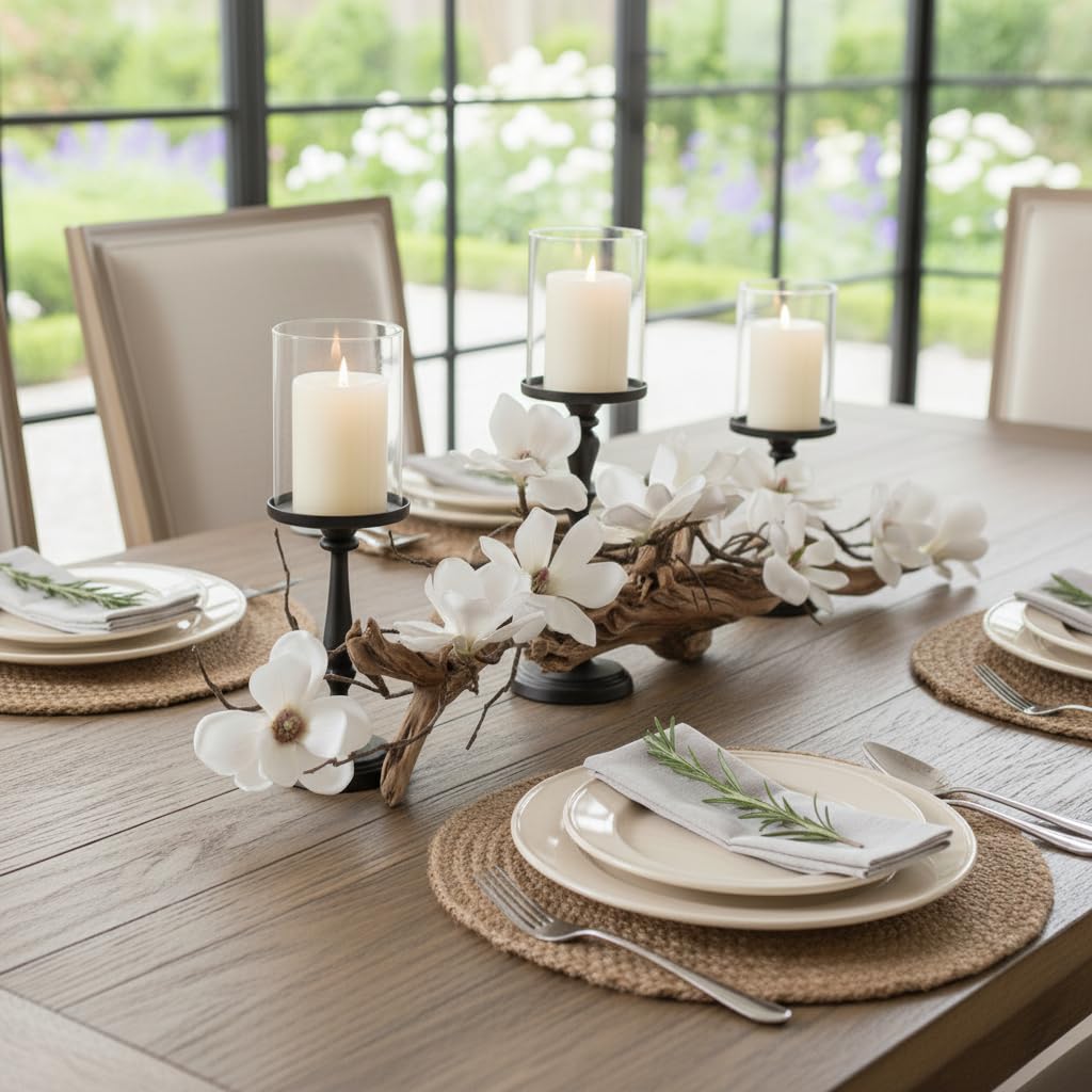 Modern Dining Table Centerpiece, Magnolia Driftwood Candle Holder Set Black