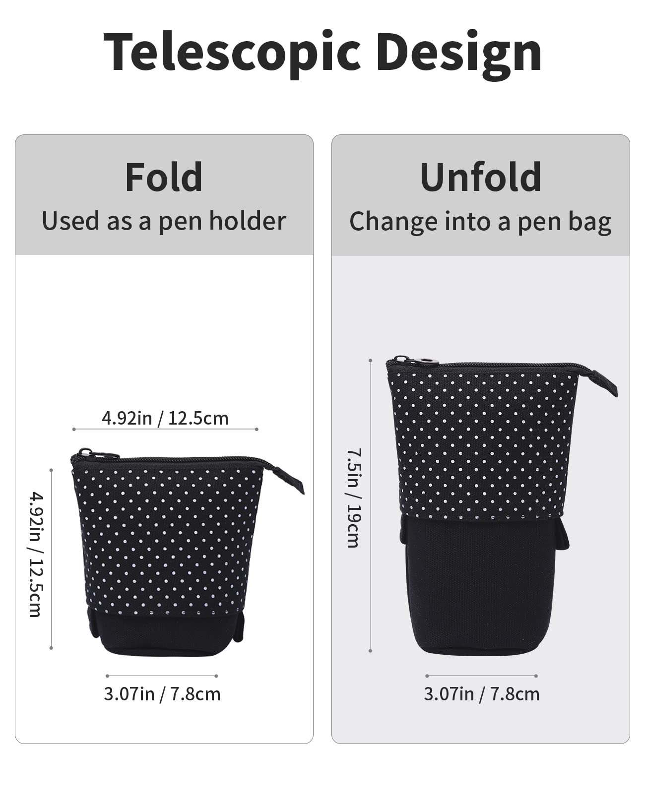 Sooez Standing Pencil Case, Cute Stand up Pencil Pouch, Telescopic Pen Pouch, Portable Pencil Holder, Kawaii Stand up Pencil Case, Spacious Pencil Pouch Bag for School Office Supplies, Black