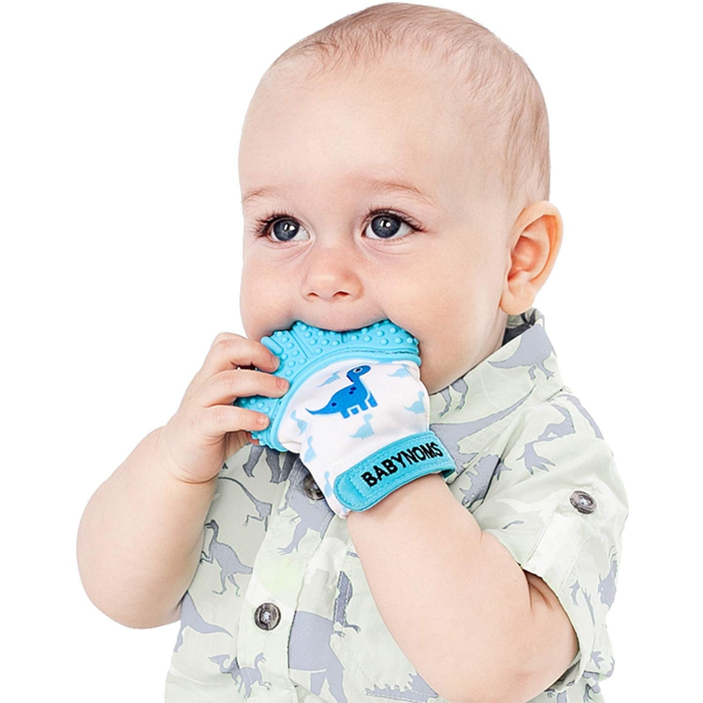 BabyNoms Teething Mitten | The Original Paw Safe Silicone Toys or Ring Provides Self-Soothing Relief Dino Blue Teether