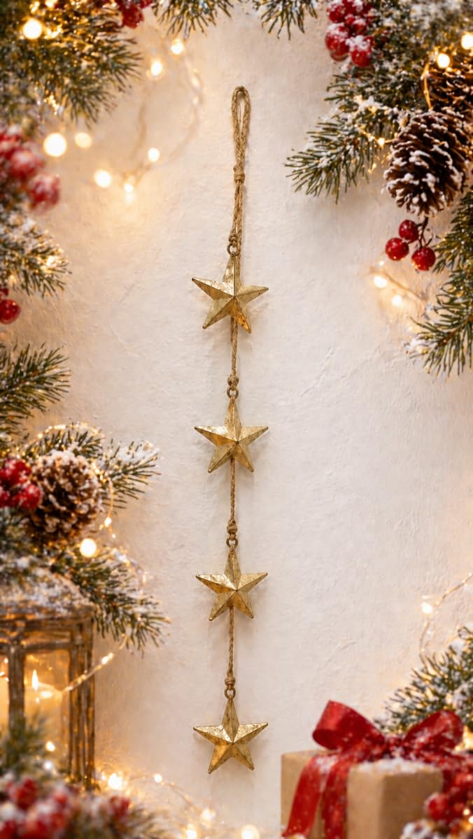 Rustic Gold Star Garland with Rope – Handmade Brass Metal Hanging Star Cluster for Farmhouse, Cow Bell Cluster, Christmas, Holiday, and Outdoor Garden Decor (Star Garland 24")