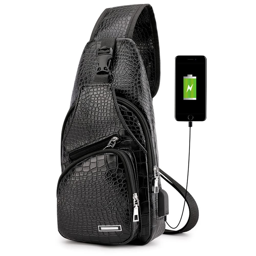 Peicees Leather Sling Bag Mens Crossbody Bag Chest Bag Sling Backpack for Men with USB Charge Port