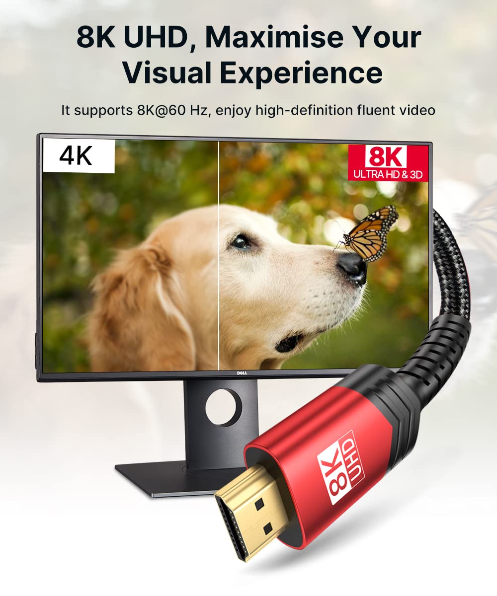 JSAUX 8K HDMI Cable 2.1 2 Pack 6ft, 48Gbps Ultra High Speed HDMI Cable Braided Cord (4K@144Hz, 4K@120Hz, 8K@60Hz) HDCP 2.2&2.3 HDR 10 eARC ARC, Compatible with Switch 2/PS5/Laptop/Monitor/HDTV/-Red