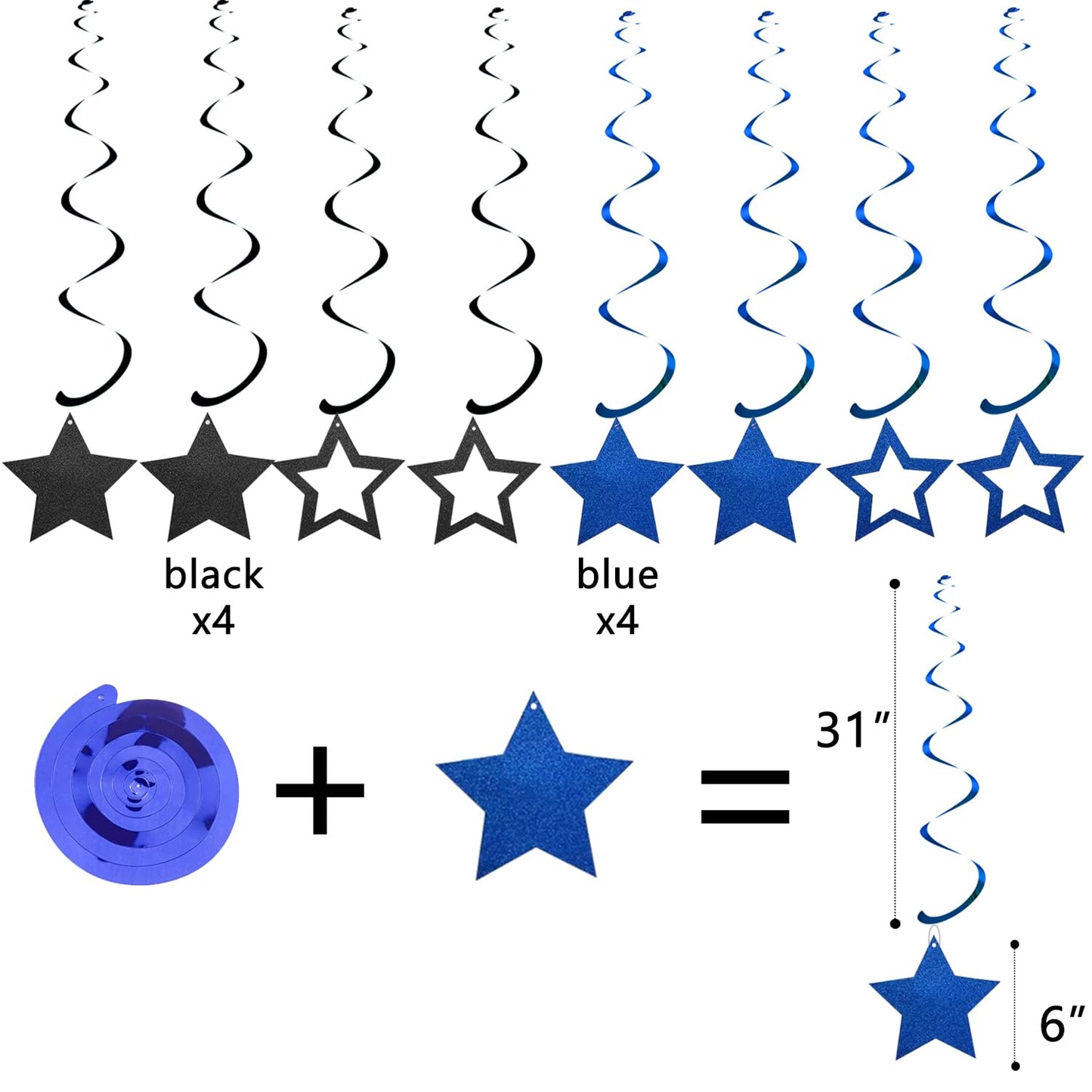 Black Blue Birthday Decorations, Black & Blue Happy Birthday Banner Honeycomb Balls Circle Garland Triangle Banner Stars Hanging Swirl Decoration Kit for HBD Party Decorations