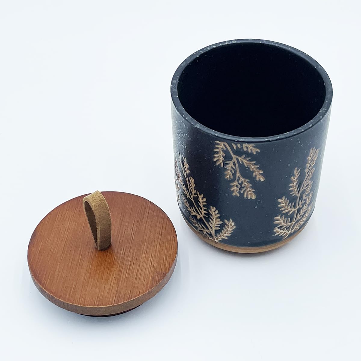 EWEIGEER 10oz Ceramic Airtight Food Storage Container with Wooden Spoon for Sugar,Matcha,Salt,Coffee,Spices,Cat Treat,Loose Leaf Tea(Black Botanical Fern Pattern)
