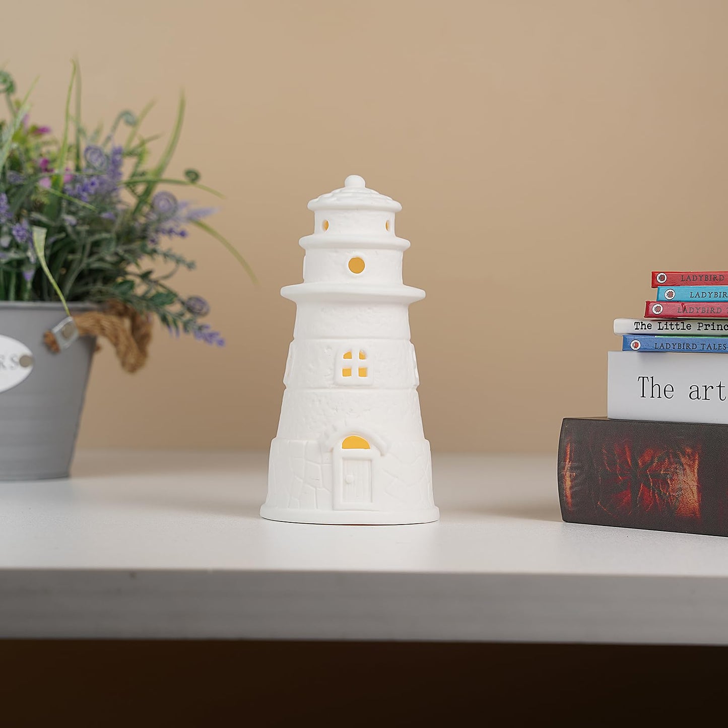 ROSYCOUD White Ceramic Lighthouse Statue Lamp - Light House Book Shelf Decor Aesthetic,Beach Themed Room Decor,Nautical Coastal Ocean Decoration for Home Bedroom Bathroom Living Room