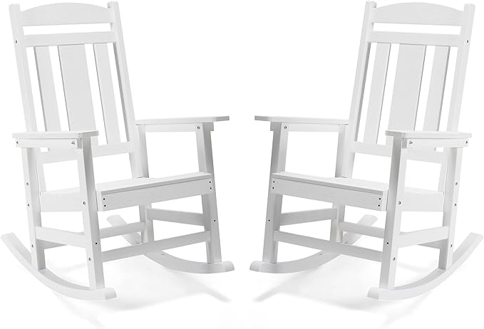 LUE BONA Outdoor Rocking Chairs Set of 4, Weather Resistant HDPS Poly Rocker Chairs, 350lb Heavy Duty, Oversized Porch Rocker for Adult, High Back Smooth Rocking Chairs for Outdoor & Indoor, White